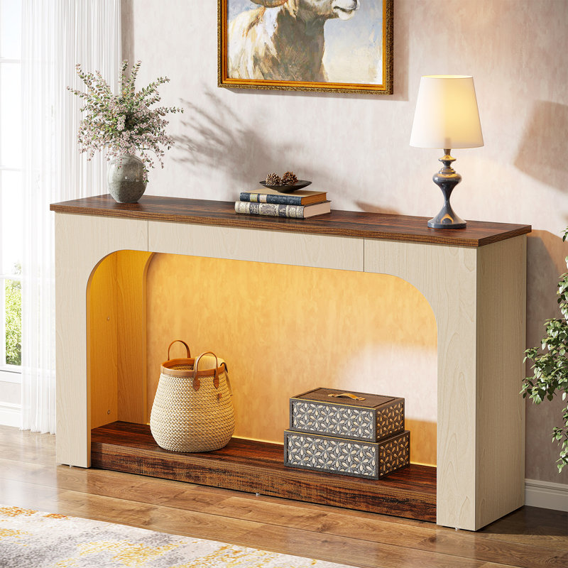 55 Inch Console Table with LED Lights Farmhouse 2 Tier Narrow Sofa Table with Storage Wood Foyer Entryway Behind Couch Table for Living Room